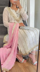 Terrific Embroidered White Salwar Suit With Pink Dupatta