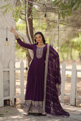 Fantastic Wine Color Embroidered Work Gown