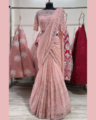 Exclusive Pin Color Pearl Work Net Saree