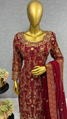 Ceremony Wear Sequence Work Maroon Color Kurti Set With Dupatta