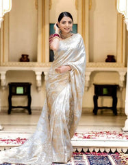 Wedding Wear Banarasi Silk Off White Color Saree