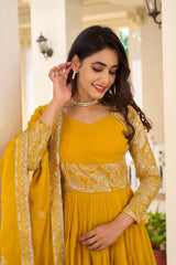 Delightful Ruffle Style Yellow Color Sequence Work Gown