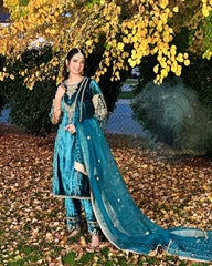 Buy Designer Viscose Velvet Embroidery sequence Work With Sleeves Teal Blue Color Sharara Suit