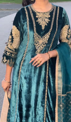 Buy Designer Viscose Velvet Embroidery sequence Work With Sleeves Teal Blue Color Sharara Suit