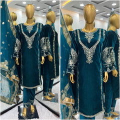 Buy Designer Viscose Velvet Embroidery sequence Work With Sleeves Teal Blue Color Sharara Suit
