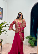 Buy INDO-WESTERN Red Color READY TO WEAR SAREE WITH FULLY EMBROIDERED KOTI