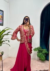 Buy INDO-WESTERN Red Color READY TO WEAR SAREE WITH FULLY EMBROIDERED KOTI