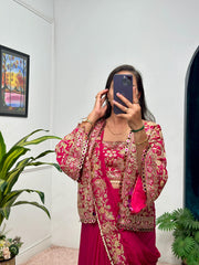 Buy INDO-WESTERN Red Color READY TO WEAR SAREE WITH FULLY EMBROIDERED KOTI