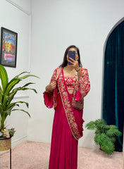 Buy INDO-WESTERN Red Color READY TO WEAR SAREE WITH FULLY EMBROIDERED KOTI