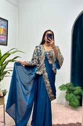 Buy INDO-WESTERN Teal Blue Color READY TO WEAR SAREE WITH FULLY EMBROIDERED KOTI