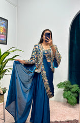 Buy INDO-WESTERN Teal Blue Color READY TO WEAR SAREE WITH FULLY EMBROIDERED KOTI