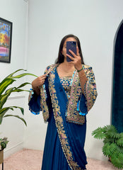 Buy INDO-WESTERN Teal Blue Color READY TO WEAR SAREE WITH FULLY EMBROIDERED KOTI