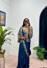 Buy INDO-WESTERN Teal Blue Color READY TO WEAR SAREE WITH FULLY EMBROIDERED KOTI