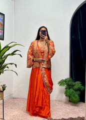 Buy INDO-WESTERN Orange Color READY TO WEAR SAREE WITH FULLY EMBROIDERED KOTI