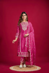 Presenting Pure Heavy Chinnon Silk Embroidery Coding Sequence Work Pink color Top-Bottom