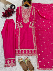 Presenting Pure Heavy Chinnon Silk Embroidery Coding Sequence Work Pink color Top-Bottom