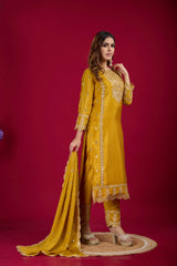 Presenting Pure Heavy Chinnon Silk Embroidery Coding Sequence Work Yellow color Top-Bottom