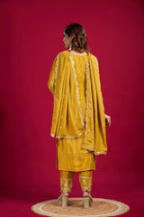 Presenting Pure Heavy Chinnon Silk Embroidery Coding Sequence Work Yellow color Top-Bottom