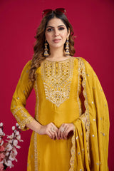 Presenting Pure Heavy Chinnon Silk Embroidery Coding Sequence Work Yellow color Top-Bottom
