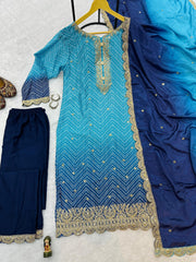 Trending Printed Chinon Fabric Blue Color Kurti Dupatta With Pent