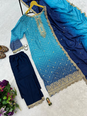 Trending Printed Chinon Fabric Blue Color Kurti Dupatta With Pent