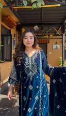 Designer Viscose Velvet Embroidery sequence Work With Sleeves Blue Color Sharara Suit