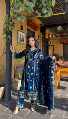 Designer Viscose Velvet Embroidery sequence Work With Sleeves Blue Color Sharara Suit