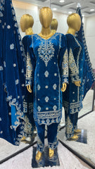 Designer Viscose Velvet Embroidery sequence Work With Sleeves Blue Color Sharara Suit