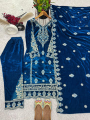 Designer Viscose Velvet Embroidery sequence Work With Sleeves Blue Color Sharara Suit