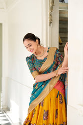 Shining Kalamkari Print Yellow Color Lehenga Choli