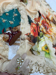 Awesome Beige Tabby Silk Handwork Saree