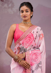 Gorgeous Pink Color Flower Printed Silk Saree
