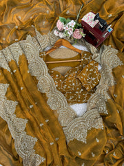 Lovely Gold Chiffon Thread Work Saree