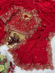Exclusive Red Color Embroidery Work Saree