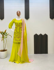 Graceful Lemon Color Sequence Work Georgette Sharara Suit