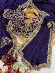 Amazing Purple Embroidery Work Silk Saree