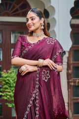 Ravishing Wine Fendi Silk Diamond Work Saree