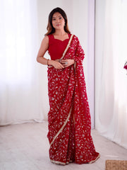 Lovely Red Crunchy Silk Embroidery Work Saree