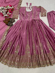 Stylish Onion Color Embroidery Work Anarkali Suit