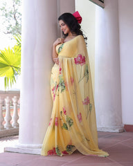 Party Wear Yellow Floral Printed Silk Saree