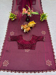 Ravishing Wine Fendi Silk Diamond Work Saree