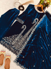 Lovely Blue Velvet with Embroidery Work Palazzo Suit