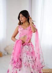 Fancy Pink Color Organza Digital Printed Lehenga Choli