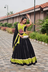 Navratri Wear Black Cotton Gamthi Work Lehenga Choli