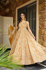 Lovely Peach Organza Digital Print Gown
