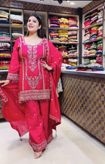 Ravishing Pink Chinon Silk Embroidery Work Palazzo Suit