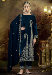 Marvelous Blue Velvet Embroidery Work Suit