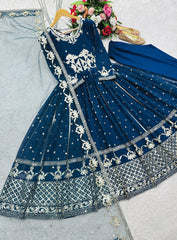 Pretty Blue Georgette Sequence Work Gown