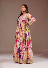 Alluring Multicolor Chinon Silk Embroidery Work Gown