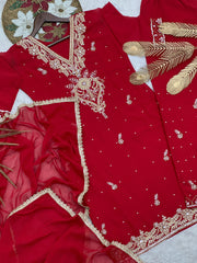 Lovely Red Georgette Embroidery Palazzo Suit